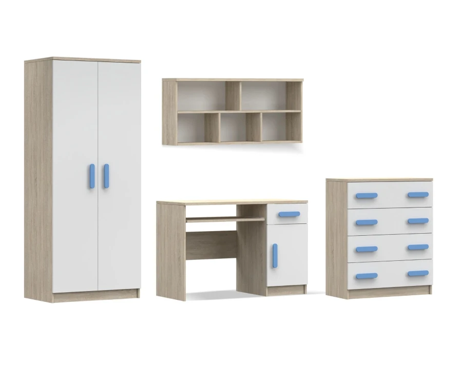Kinderzimmer-Möbelset mit blauen Griffen, bestehend aus Schrank, Schreibtisch, Kommode und Wandboard.