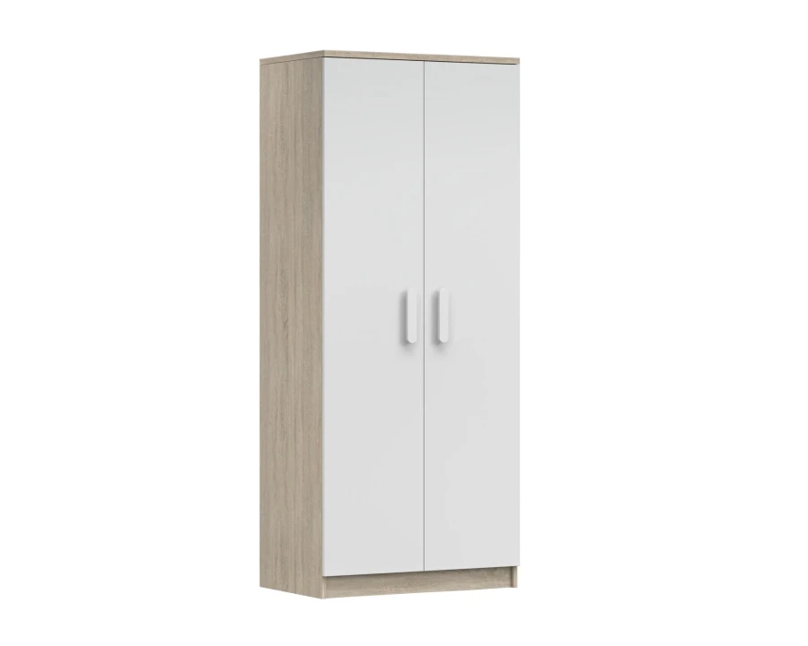 Zweitüriger Kleiderschrank in Weiß und Eiche-Optik für ein modernes Jugendzimmer.