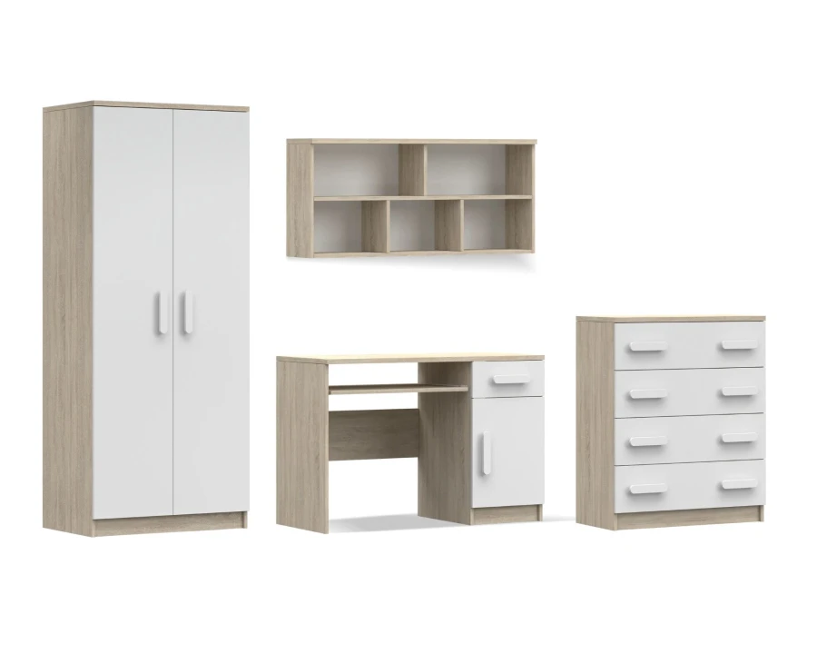 4-teiliges Möbelset bestehend aus Kleiderschrank, Schreibtisch, Kommode und Wandregal.