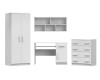 Weißes Jugendzimmer-Set: Kleiderschrank, Schreibtisch, Wandregal und Kommode auf weißem Grund.