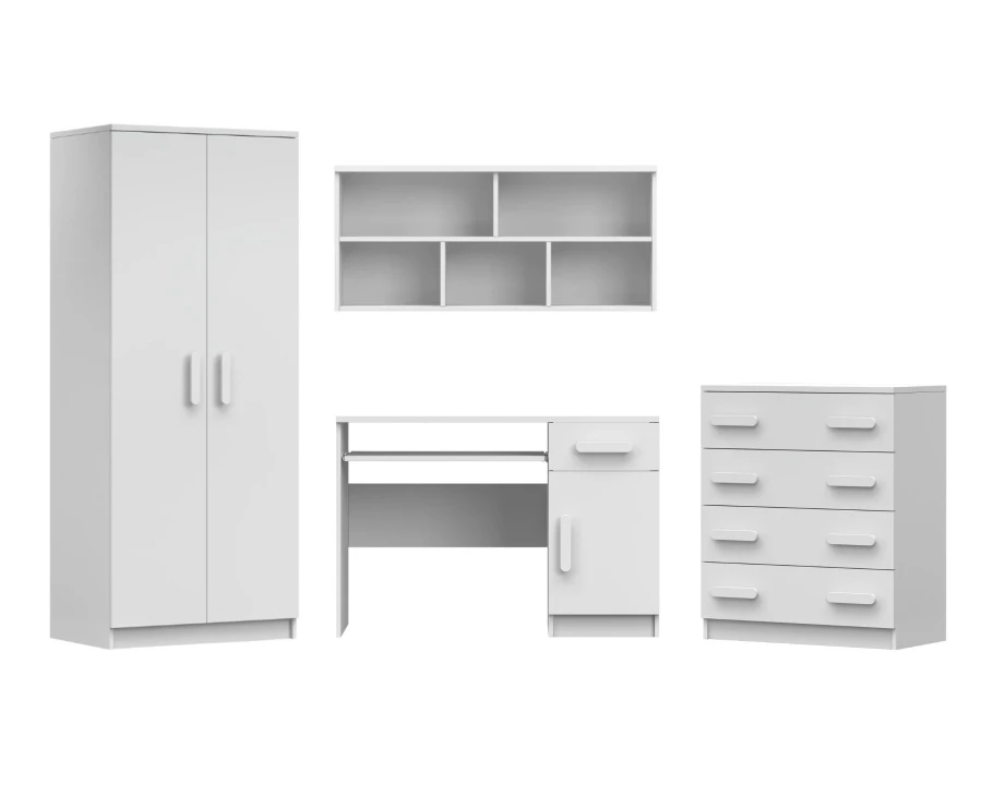 Weißes Jugendzimmer-Set: Kleiderschrank, Schreibtisch, Wandregal und Kommode auf weißem Grund.