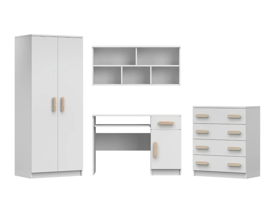 Vierteiliges Jugendzimmer Möbel-Set in Weiß mit Griffen in natürlicher Holzoptik.