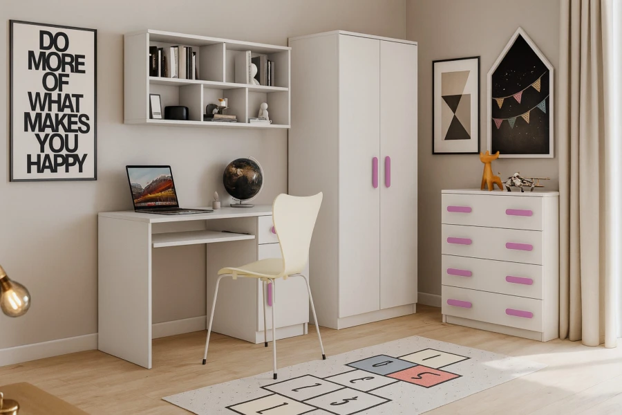 Modernes Mädchenzimmer mit weißen Möbeln, rosa Akzenten und dekorativem Hüpfspiel-Teppich.
