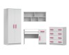 Weißes Jugendzimmer-Set bestehend aus Schrank, Schreibtisch und Kommode mit pinkfarbenen Griffen.