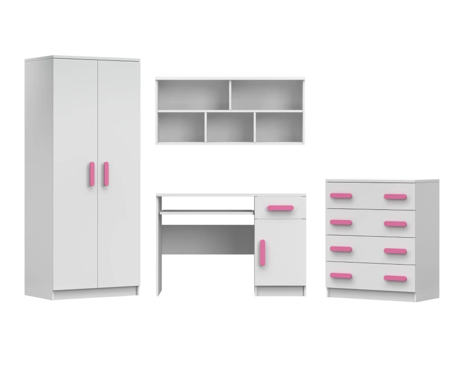 Weißes Jugendzimmer-Set bestehend aus Schrank, Schreibtisch und Kommode mit pinkfarbenen Griffen.