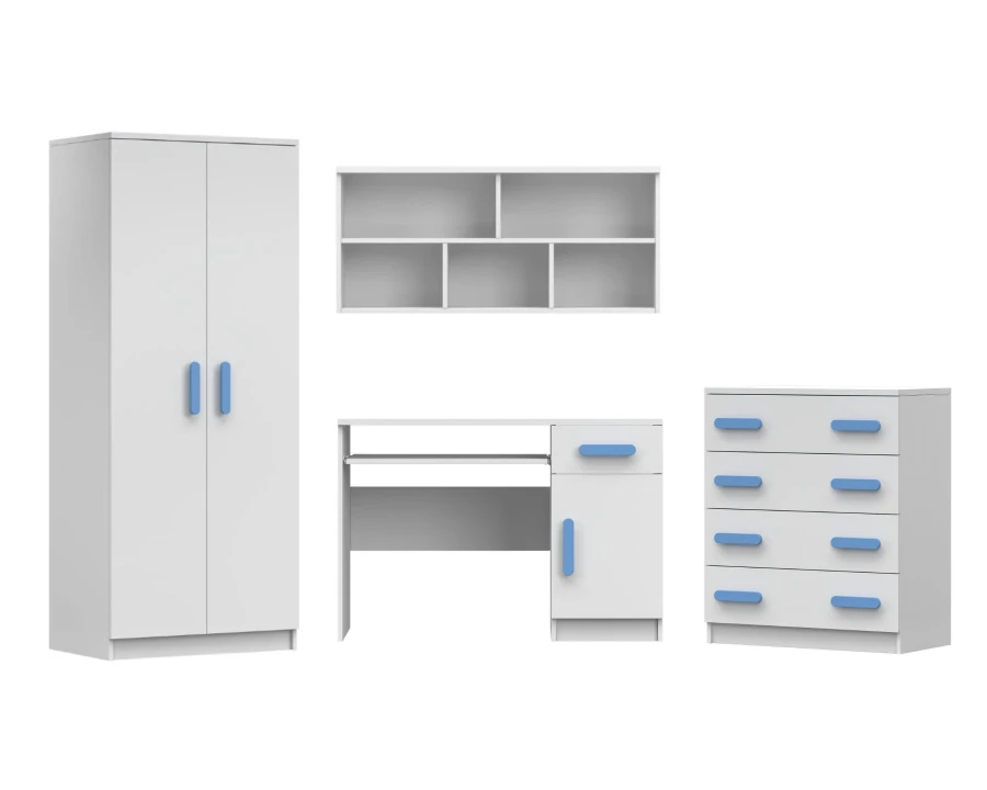 4-teiliges Möbel-Set für Kinderzimmer: Kleiderschrank, Wandregal, Schreibtisch und Kommode in Weiß