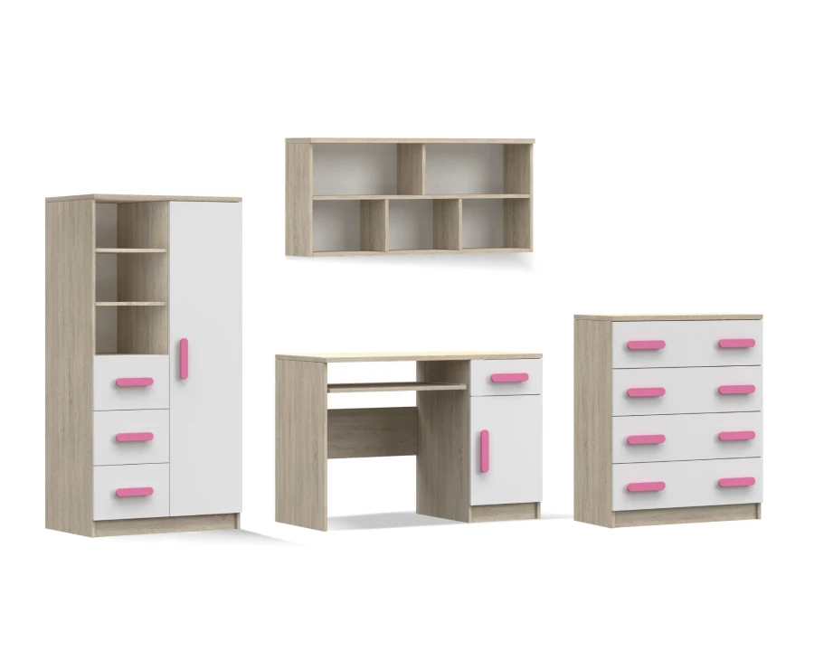 Kinderzimmer Möbelset in Eiche und Weiß mit rosa Griffen: Schreibtisch, Schrank und Kommode.