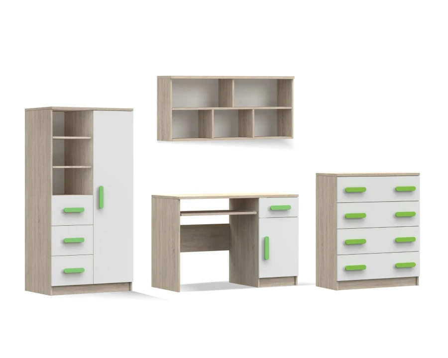 Vierteiliges Jugendzimmer Set in Weiß und Eiche mit grünen Griffen für Kinder und Jugendliche.