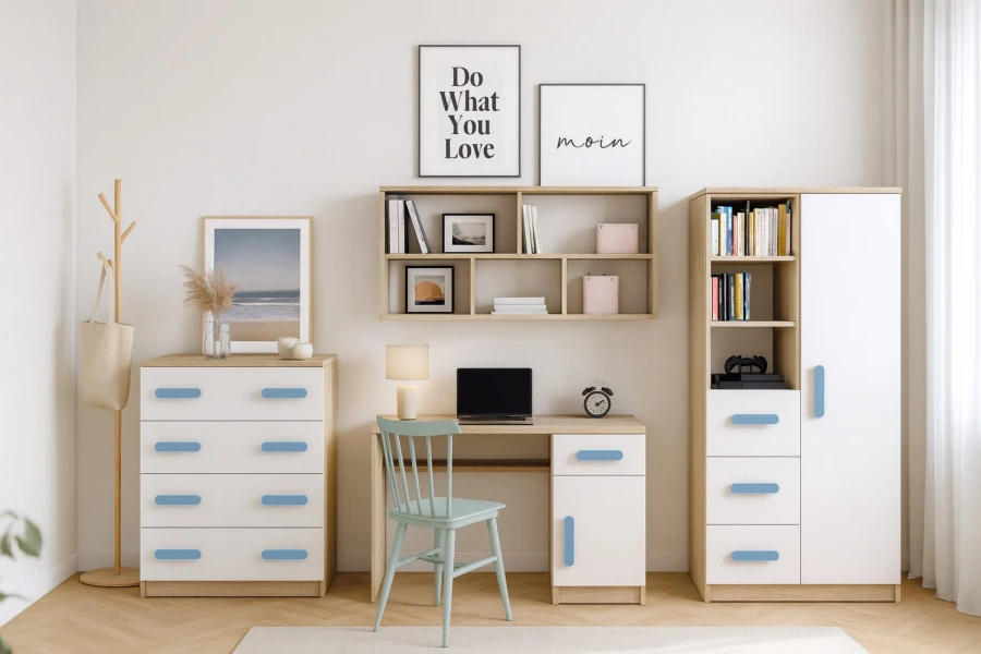 Modernes Jugendzimmer-Möbel-Set in Weiß und Eiche mit blauen Griffen, Schreibtisch und Kommode.