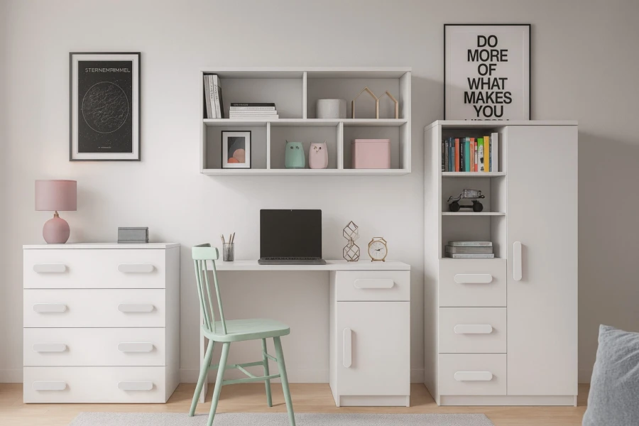 Helles Jugendzimmer in Weiß mit komplett weißem Möbel-Set, bestehend aus Schreibtisch, Kommode und Regal.