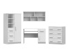 Komplettes Kinderzimmer-Möbelset in Weiß mit Schreibtisch, Kommode, Schrank und Wandboard.