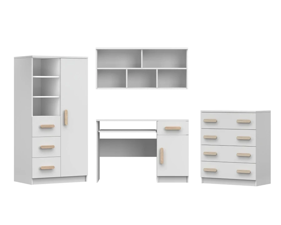 Weißes Kinderzimmer-Set: Schrank, Schreibtisch, Wandregal & Kommode mit Holzgriffen.