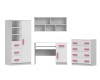 Weißes Möbelset für Jugendzimmer: Kleiderschrank, Schreibtisch & Kommode mit rosa Griffen.
