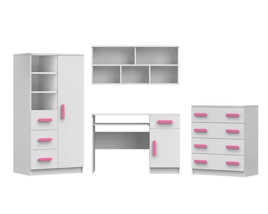 Weißes Möbelset für Jugendzimmer: Kleiderschrank, Schreibtisch & Kommode mit rosa Griffen.