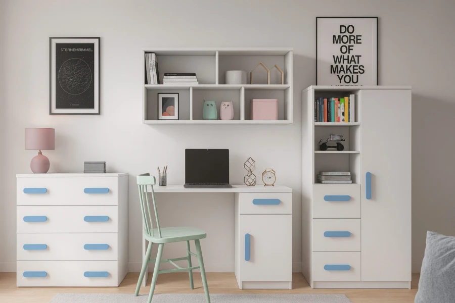 Helles Kinderzimmer-Möbelset in Weiß mit blauen Griffen inklusive Schreibtisch, Kommode und Kleiderschrank.