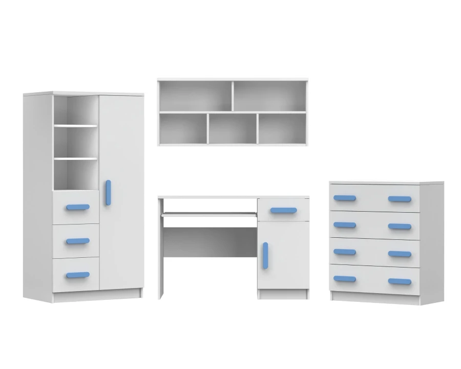 Jugendmöbel-Set in Weiß und Blau: Kleiderschrank, Wandboard, Schreibtisch und Kommode auf weißem Grund.