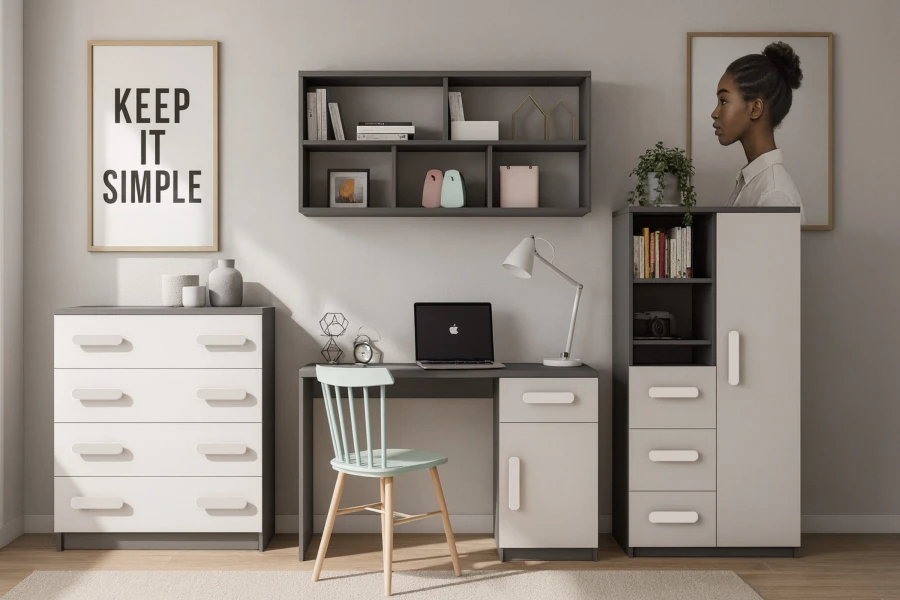 Modernes Jugendzimmer-Set in Anthrazit und Weiß mit Schreibtisch, Kommode, Kleiderschrank und Wandregal.