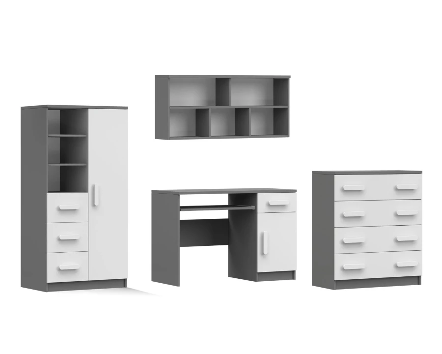 Modernes Jugendzimmer-Möbelset in Grau und Weiß mit Schreibtisch, Kommode und Schrank.