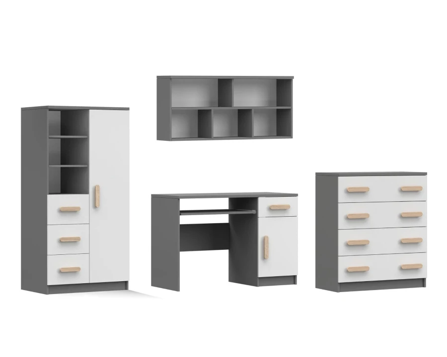 Jugendzimmer-Set in Grau-Weiß mit Griffen in Holzoptik, bestehend aus Schreibtisch und Kommoden.
