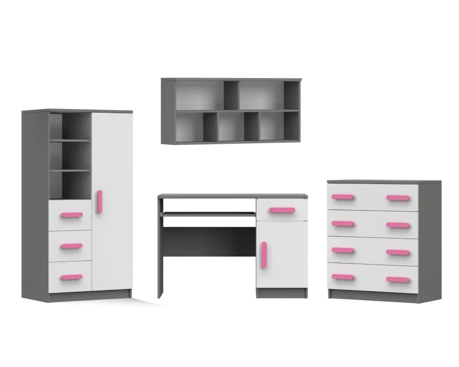 Vierteiliges Möbelset für Jugendzimmer in Grau-Weiß mit Akzenten durch pinkfarbene Griffe.