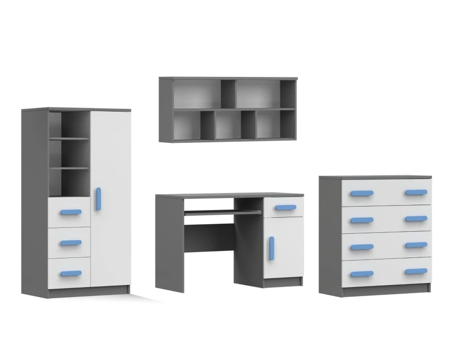 Modernes Jugendzimmer-Set in Grau-Weiß mit blauen Akzenten: Schrank, Schreibtisch, Wandregal und Kommode.