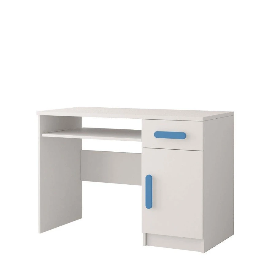 Weißer Schreibtisch für Kinder mit blauen Griffen, Schublade, Türfach und Tastaturauszug.