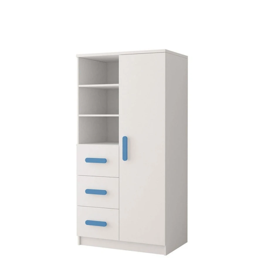 Weißer Kleiderschrank und Regal-Kombination mit drei Schubladen und blauen Griffen für das Kinderzimmer.