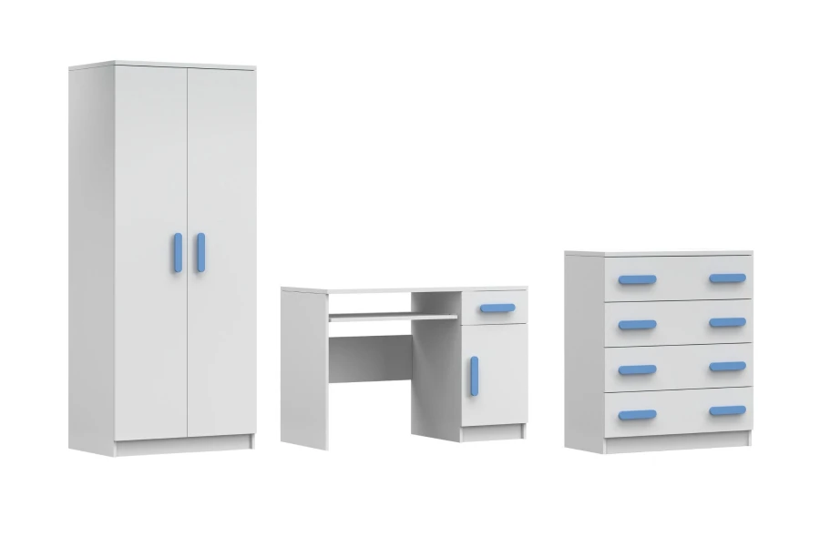 Kinderzimmermöbel Set in Weiß mit blauen Griffen: Kleiderschrank, Schreibtisch und Kommode.