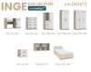 Produktübersicht der INGE Serie in Eiche und Weiß mit Maßen für Bett, Schrank und Regal.