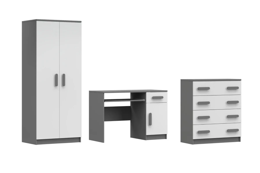 Dreiteiliges Jugendzimmer-Möbelset in Grau und Weiß mit Kleiderschrank, Schreibtisch und Kommode.