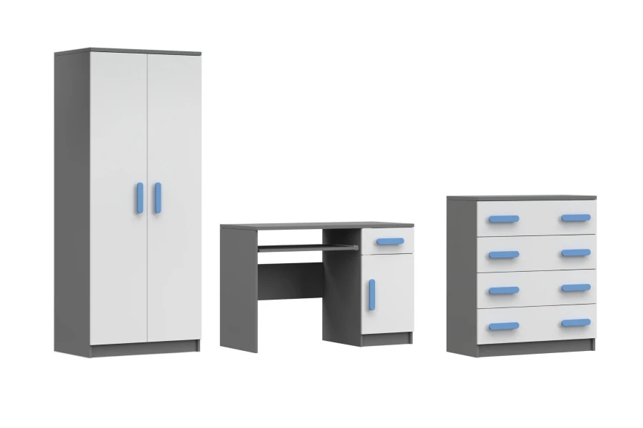 Kinderzimmer-Möbelset in Grau-Weiß mit blauen Griffen, bestehend aus Schrank, Schreibtisch und Kommode.