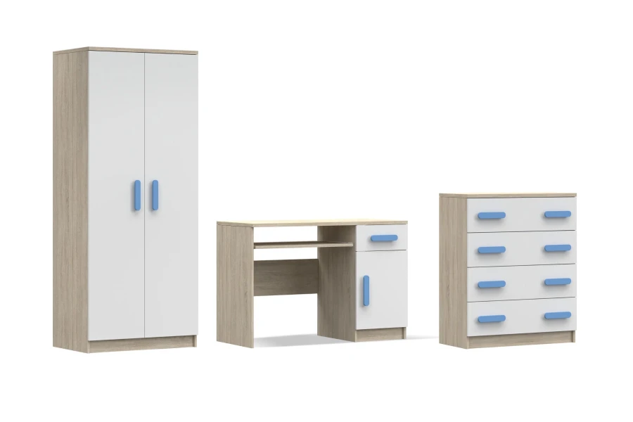 Möbelset für Jugendzimmer in Eiche-Optik und Weiß mit blauen Griffen: Schrank, Tisch und Kommode.