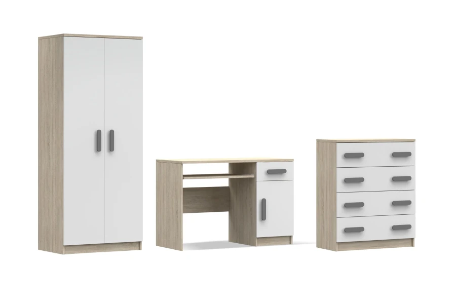 Dreiteiliges Set Kinderzimmermöbel in Eiche und Weiß mit grauen Griffen, Schrank, Schreibtisch und Kommode.