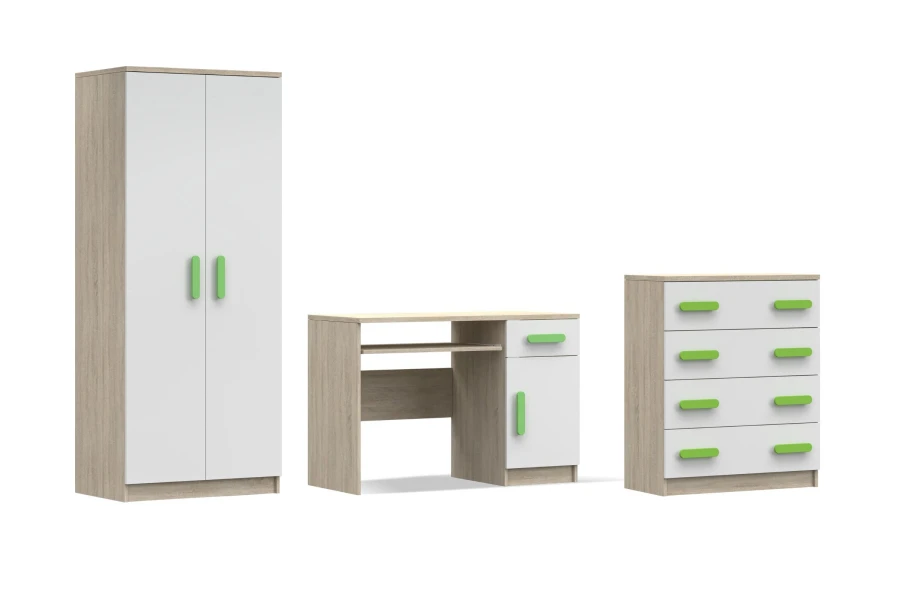 Kinderzimmer-Set in Eiche-Optik und Weiß mit grünen Griffen: Schrank, Schreibtisch, Kommode.