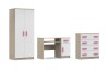 Jugendzimmer-Möbelset in Eiche und Weiß mit rosa Akzenten: Schrank, Schreibtisch und Kommode.