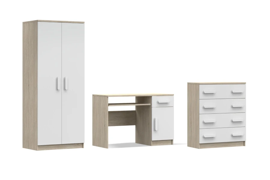 Modernes Möbel-Set für Kinderzimmer in Weiß und Eiche mit schlichten weißen Griffen.