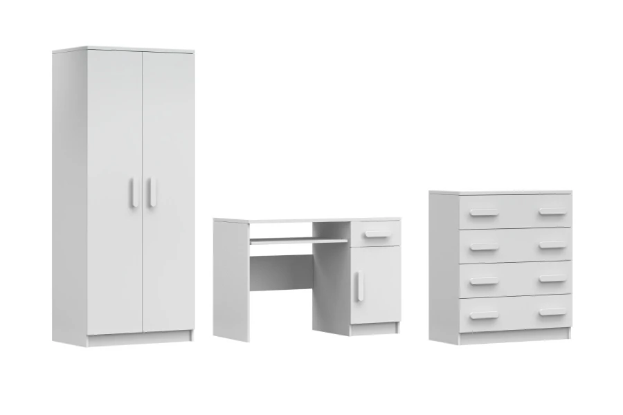 Komplettes Kinderzimmer-Set ganz in Weiß: Schrank, Schreibtisch und Kommode mit 4 Schubladen.