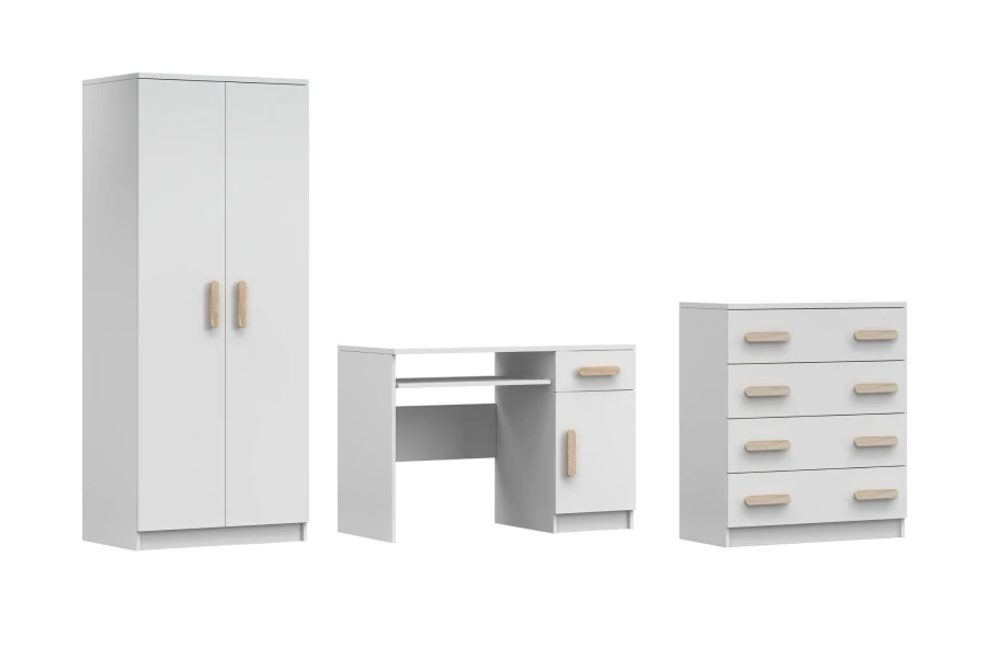 3-teiliges Kinderzimmer-Set in Weiß mit Holzgriffen: Kleiderschrank, Schreibtisch und Kommode.