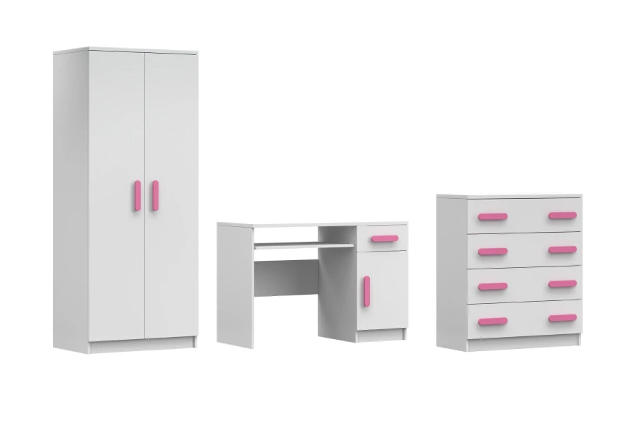 Möbelset für Kinderzimmer in Weiß mit pinken Griffen: Schrank, Schreibtisch und Schubladenkommode.