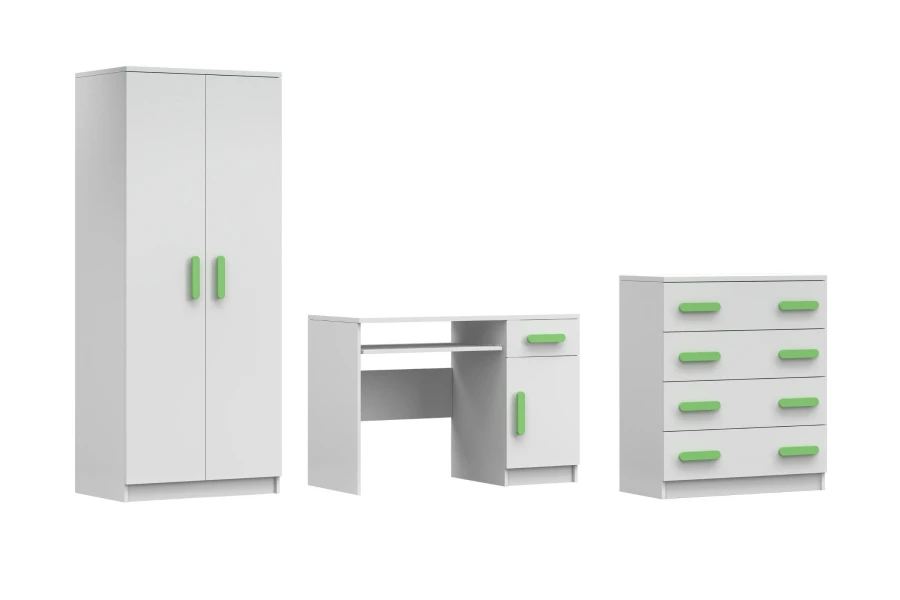 Modernes Jugendzimmer-Set weiß mit grünen Griffen: Kleiderschrank, Schreibtisch und Kommode.
