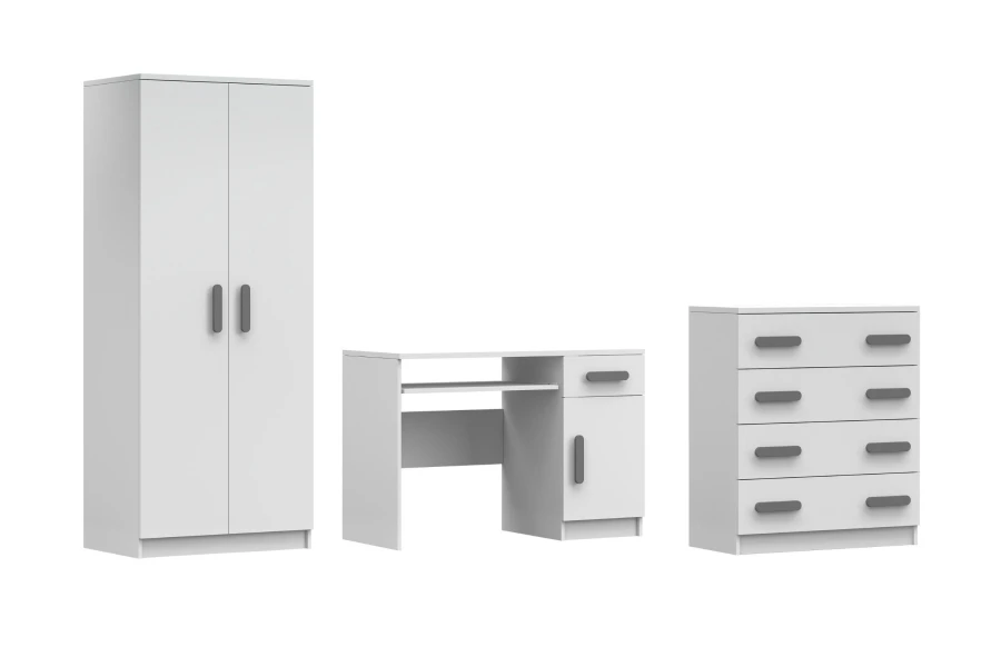 Kinderzimmer-Möbelset weiß-grau: Schrank, Schreibtisch und Kommode für das Jugendzimmer.