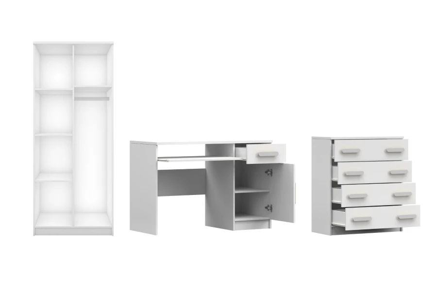 Offenes weißes Jugendzimmer-Set: Kleiderschrank, Schreibtisch und Kommode mit viel Stauraum.