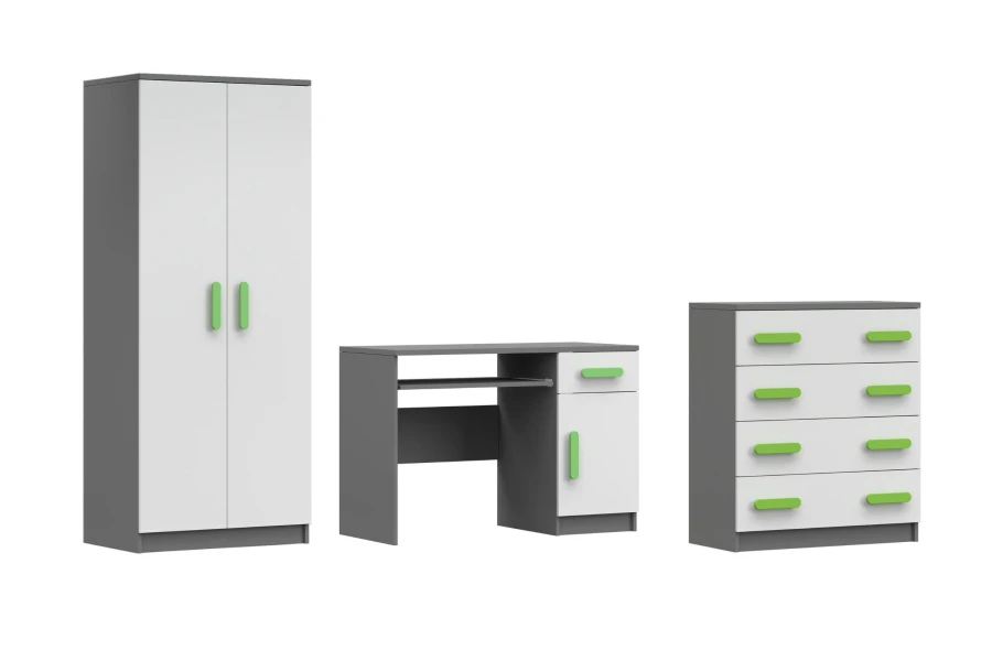 Grau-weißes Kinderzimmer-Set mit grünen Akzenten: Schrank, Schreibtisch und Schubladenkommode.