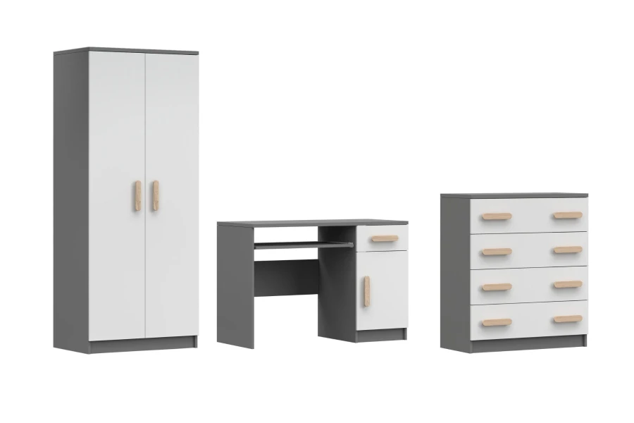 Stilvolles Kinderzimmer-Set in Grau und Weiß mit Griffen in natürlicher Holzoptik.