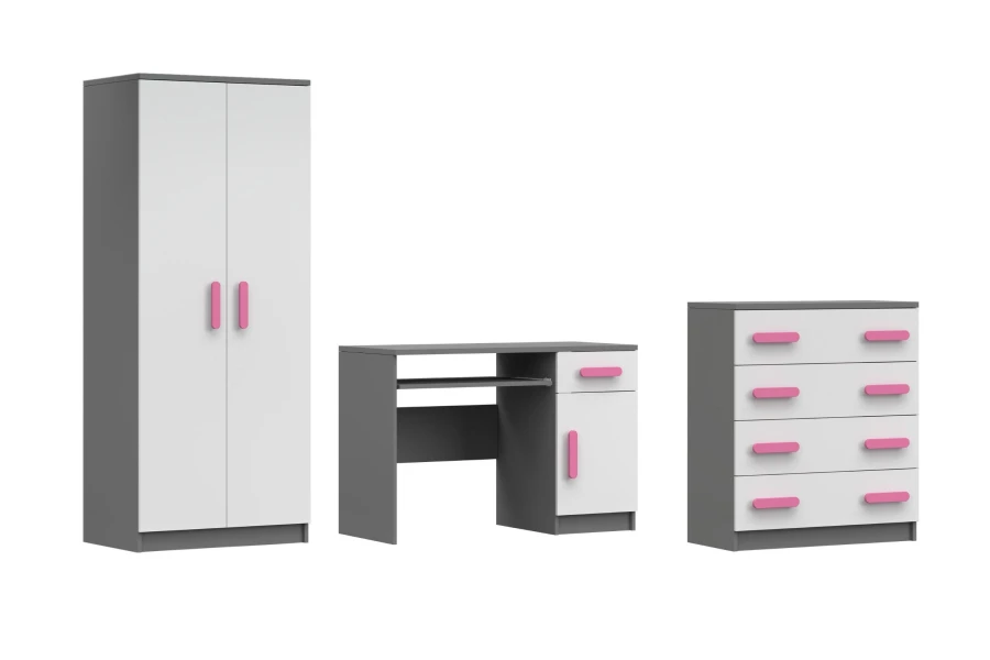 Verspieltes Möbelset für das Jugendzimmer in Grau-Weiß mit kontrastreichen pinken Griffen.