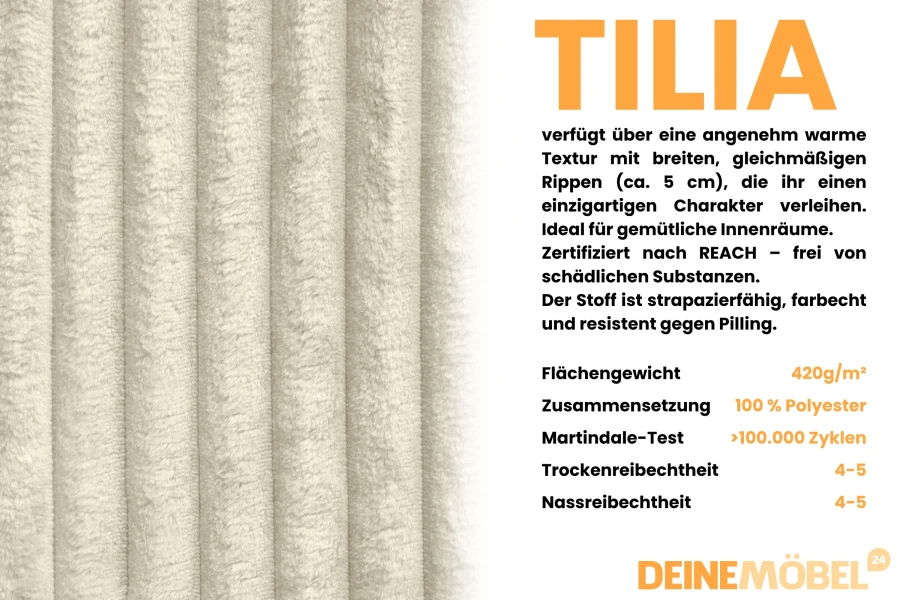 Tilia Cord-Stoff Eigenschaften: strapazierfähiger Möbelstoff aus 100% Polyester in Beige.