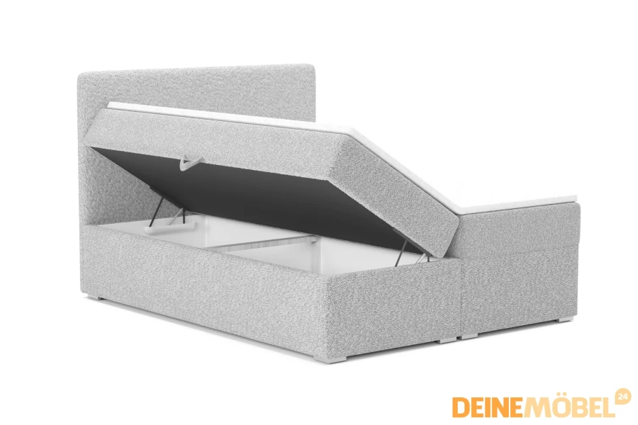 Graues Polsterbett mit offenem Stauraum-Bettkasten und hochwertigem Stoffbezug für das Schlafzimmer.