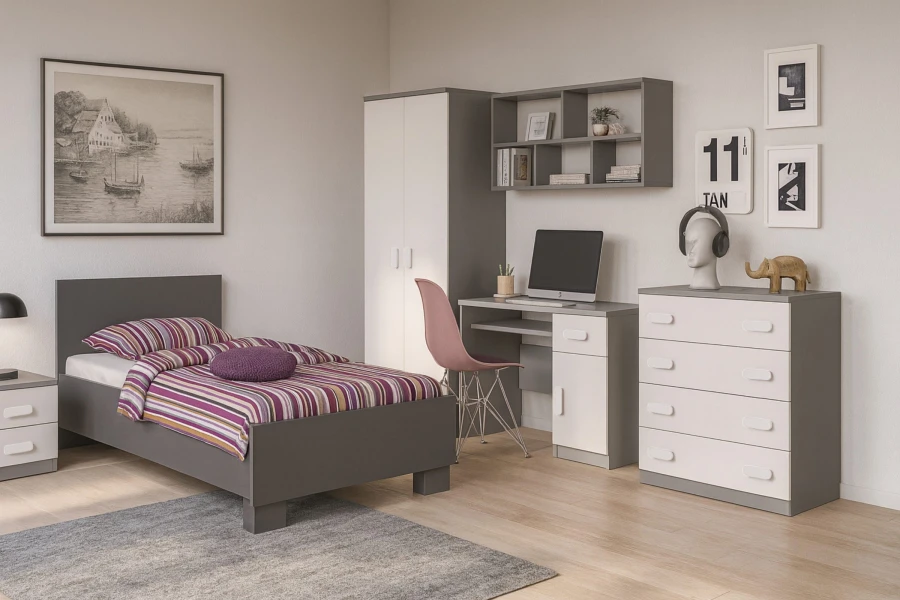 Modernes Kinderzimmer-Set in Grau und Weiß mit Bett, Kleiderschrank und Schreibtisch, weiße Griffe.