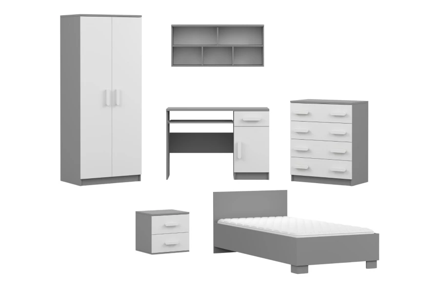 6-teiliges Jugendzimmer Möbelset in Grau-Weiß: Schrank, Bett, Kommode und Schreibtisch.