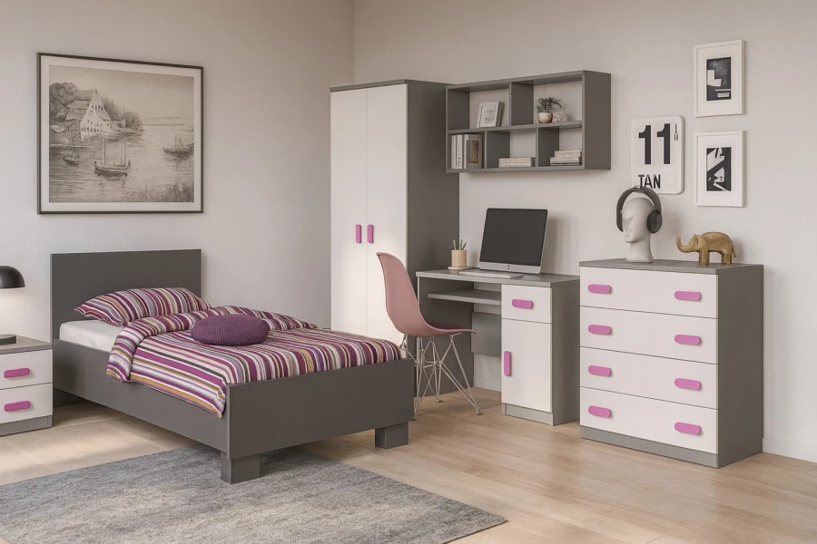 Stylisches Jugendzimmer in Grau-Weiß mit pinken Griffen, Bett, Schrank und Schreibtisch.